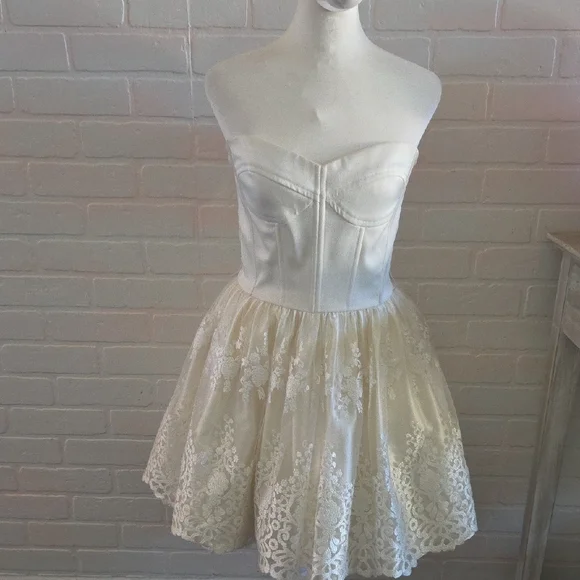 Jessica McClintock Ivory Strapless Lace Mini Dress - Picture 1 of 5